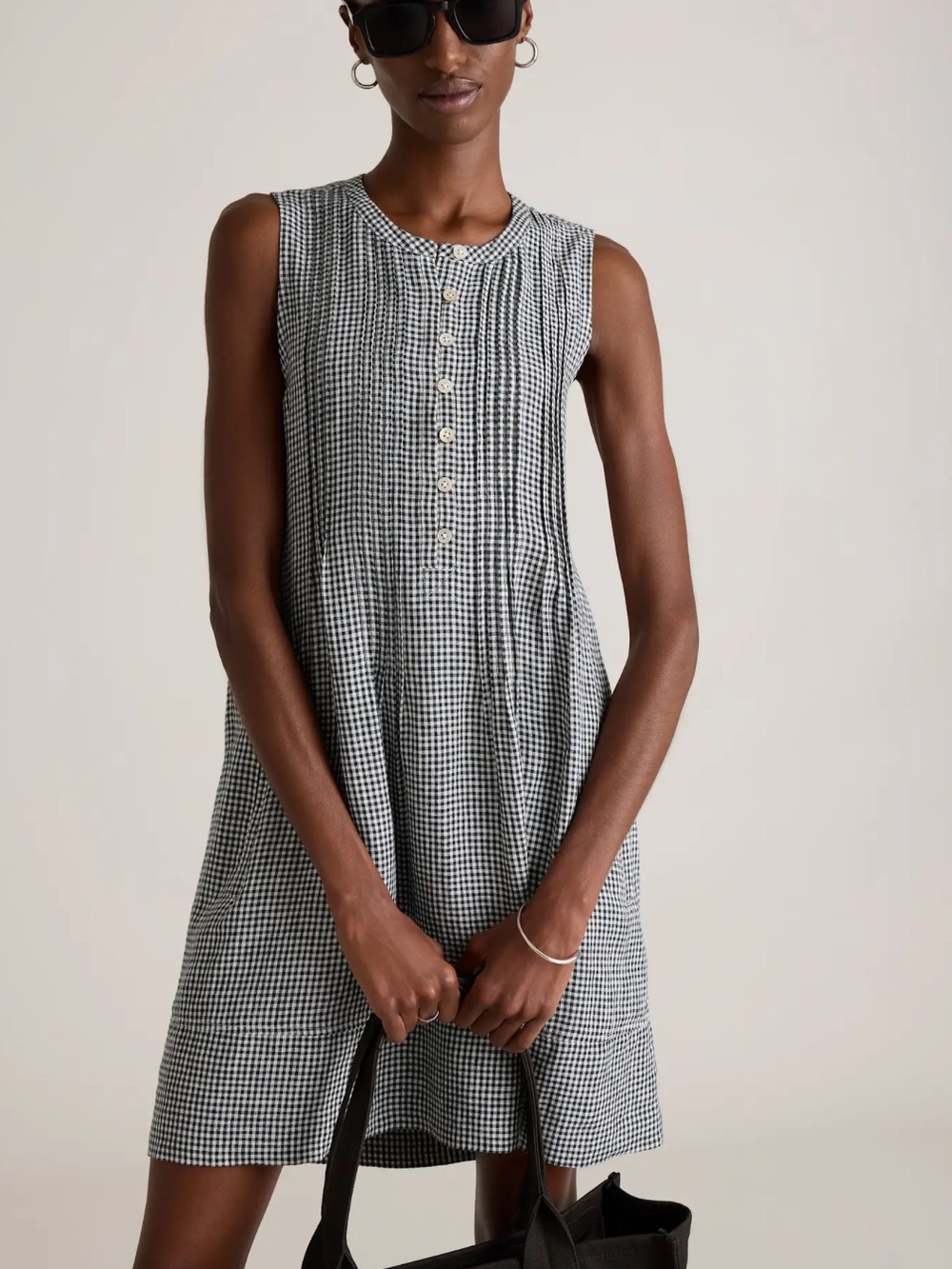 Quince 100% European Linen Black & White Gingham Sleeveless Mini  Dress